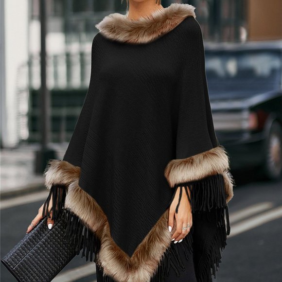 NWT La Mode | Black & Brown Faux Fur Poncho - Picture 3 of 6